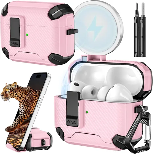 Vista 26 de Inesore Funda para AirPods Pro 1ª/2ª con bloqueo seguro (verde oscuro) Cubierta magnética de bloqueo automático con soporte para teléfono y kit