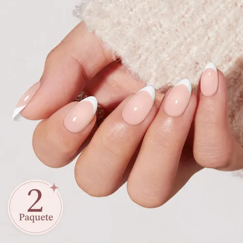 Vista 2 de modelones 64 uñas postizas de punta francesa a presión, uñas postizas cortas de almendra a presión con pegamento de uñas, pestañas adhesivas, lima