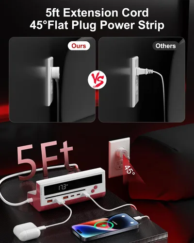 Vista 6 de Estación de carga USB 10 en 1, regleta de alimentación de 4 salidas con 6 USB, cable de extensión de 5 pies de largo, enchufe plano de 45°, estación
