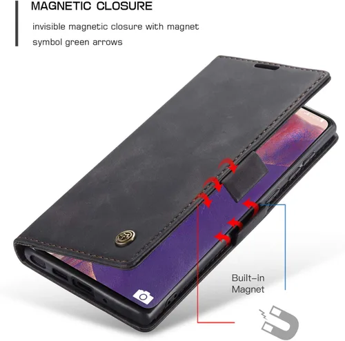 Vista 4 de Funda tipo cartera para Samsung Galaxy Note 20, piel sintética retro, cierre magnético, con ranuras para tarjetas, bolsillos para efectivo con Negro