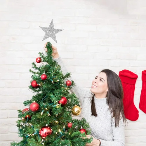 Vista 7 de ADXCO Decoración de metal para árbol de Navidad, estrella con purpurina para árbol de Navidad con alambre brillante en relieve, para decoración