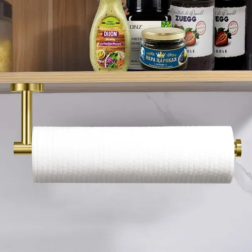Vista 2 de Toallero de papel dorado cepillado, estante de papel para toallas debajo del gabinete de cocina, dispensador redondo de acero inoxidable SUS304