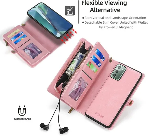 Vista 4 de Asuwish Funda de teléfono para Samsung Galaxy Note 20 5G con cremallera, funda desmontable con protector de pantalla de vidrio templado y tarjetero