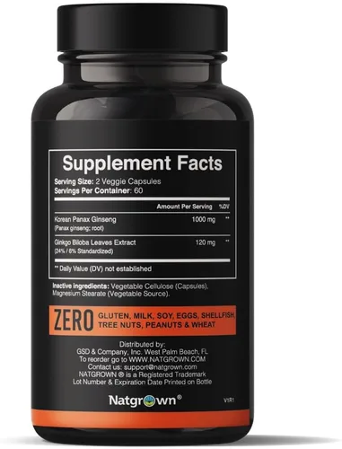 Vista 2 de Natgrown Panax - Suplemento de ginseng y ginkgo biloba, cápsulas de ginseng coreano rojo y ginko biloba para hombres y mujeres, apoya el enfoque