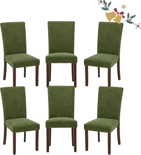 Vista 16 de Juego de 2 sillas tapizadas de tela para comedor, sillas de cocina estilo Parsons con ribete de cabeza de clavo y patas de madera - Beige