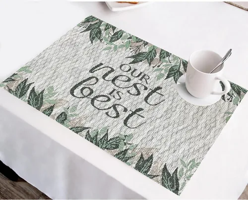 Vista 3 de Juego de 4, cita decorativa de hojas - Our Nest is Best Tapestry Placemats para cocina, comedor, fácil de limpiar, lavable a máquina. Tamaño: 13" x