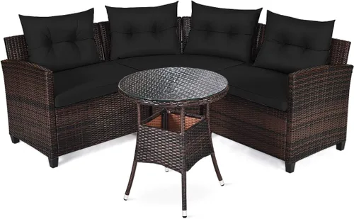 Vista 9 de Tangkula - Juego de muebles de patio de 4 piezas en forma de C de mimbre para exteriores, con cojines y mesa de centro con cubierta de cristal