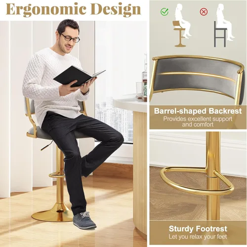 Vista 5 de COSTWAY Taburete giratorio moderno de altura ajustable, juego de 2, gris y dorado Velvet Upholstered Island Stools with Barrel Back & Footrest