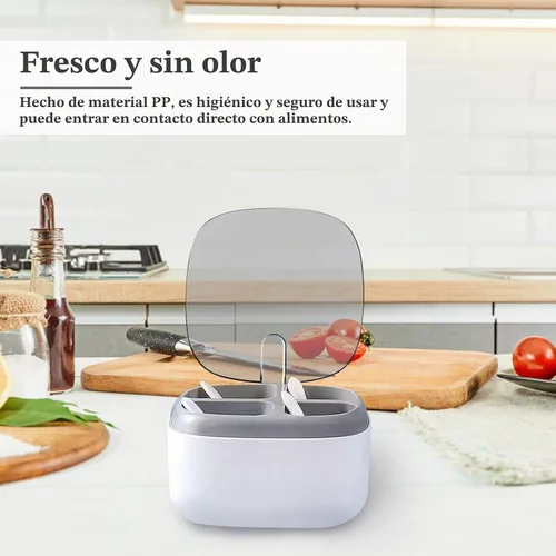 Vista 4 de Caja de condimentos con tapa y cuchara, 4 compartimentos para especias con asa, tarros de condimentos de cocina casera para azúcar, sal y pimienta
