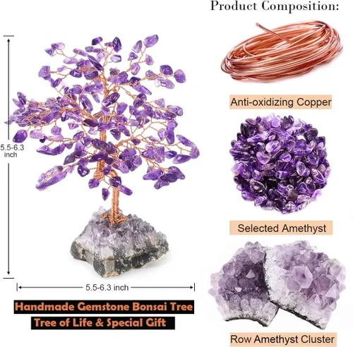 Vista 3 de Árbol de la Vida de Cristal de Gemas de Chakra Hecho a Mano, Amatista Natural con Base de Racimo de Amatista, Decoración Feng Shui Bonsái Árbol