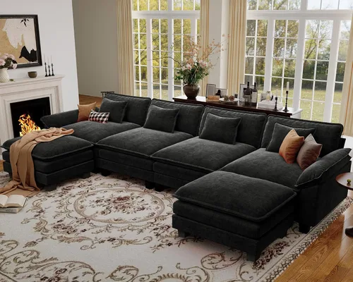 Vista 105 de Sofá modular de gran tamaño de 154 pulgadas, cómodo sofá en forma de U con 3 otomanas móviles, sofá moderno de felpilla de 7 plazas para sala