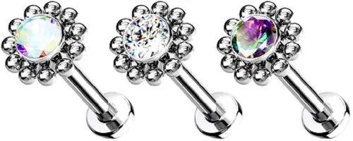 Vista 3 de Pierced Owl - 16-18G G23 Implant Grade Titanium Threadless Push-In CZ Crystal Center Flower with Beaded Edge Flat Back Lip Cartilage Ear Stud