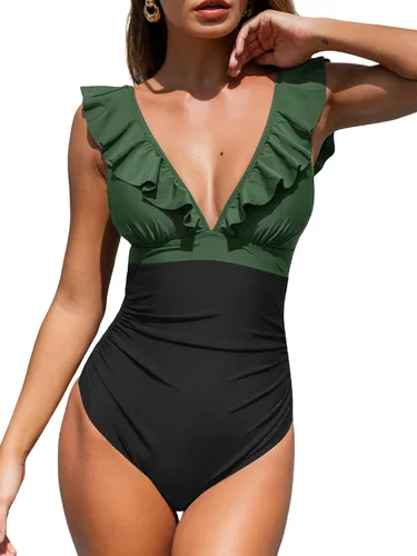Vista 19 de CUPSHE Traje de baño de una pieza para mujer, con cuello en V, fruncido y Negro
