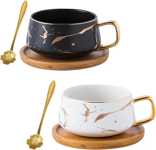 Vista 10 de Jusalpha Juego de taza de té de 10 oz con impresión de mano dorada y platillo/Juego de taza de café y platillo de bambú TCS19 (Negro)