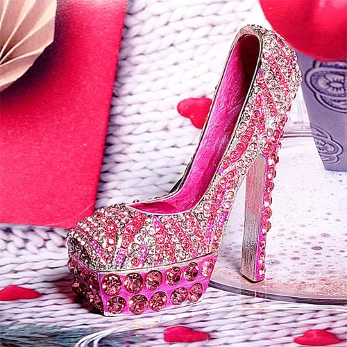 Vista 6 de Waltz&F Caja de baratija con bisagras pintada a mano pintada a mano con tacones altos y diamantes rosados, soporte para anillo coleccionable