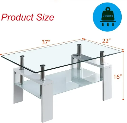 Vista 2 de Mesa de centro con protectores de esquina de seguridad, mesa de centro de vidrio, mesa central de vidrio de 2 niveles con estante de vidrio