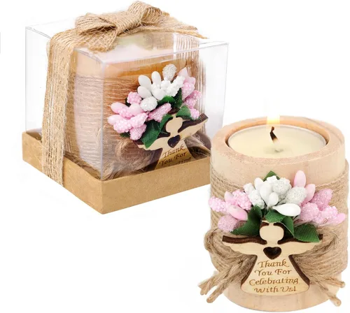 Vista 9 de Ju's Favors Juego de 10 portavelas de madera para recuerdos de bautismo para invitados, recuerdos de fiesta de baby shower (marrón oscuro - azul)
