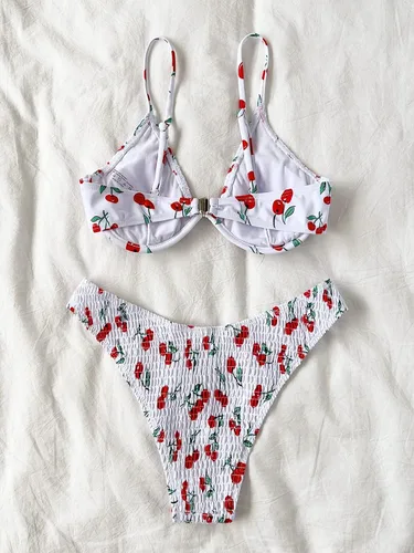 Vista 2 de SHENHE Traje de baño de dos piezas con estampado de cereza y corte alto y triángulo para mujer