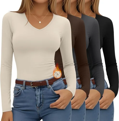 Vista 16 de Paquete de 4 camisas térmicas de manga larga para mujer, con forro polar, cuello en V, ropa interior ajustada, capa base, básica, tops cálidos