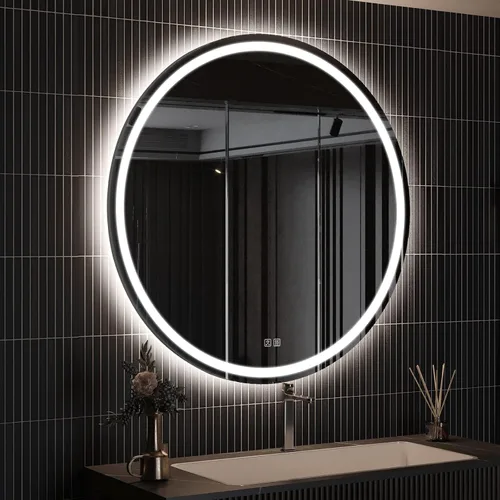 Vista 10 de ROOMTEC Espejo de baño LED redondo de 28 pulgadas con luces, espejo de tocador circular con parte delantera y retroiluminada, marco de aluminio