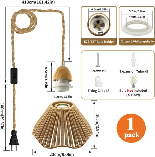 Vista 2 de Luces colgantes rústicas de granja con cable enchufable, cable de cuerda de cáñamo trenzada de 16.7 pies, pantalla tejida de cáñamo de 23x10 cm