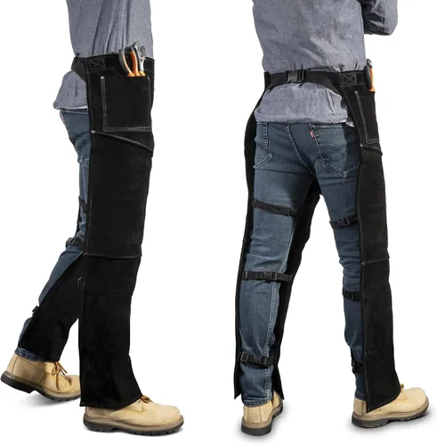 Vista 3 de Pantalones de soldadura de cuero, resistentes al calor y al fuego, protección de piernas de cuero dividido para hombres y mujeres, ajustables de M a