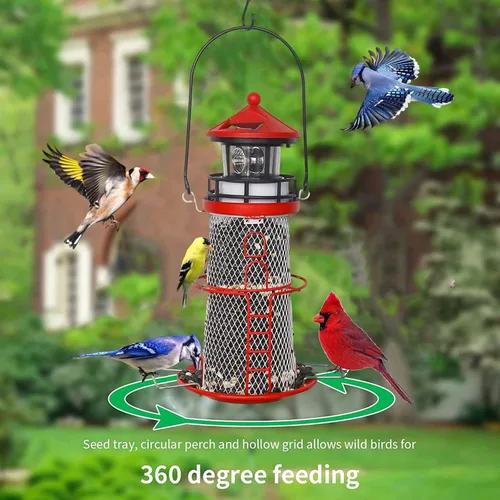 Vista 6 de Comedero Solar para Pájaros Faro con Baliza Giratoria - 14" Colgante Mejor Regalo de Comedero para Amantes de las Aves (Rojo Manzana).