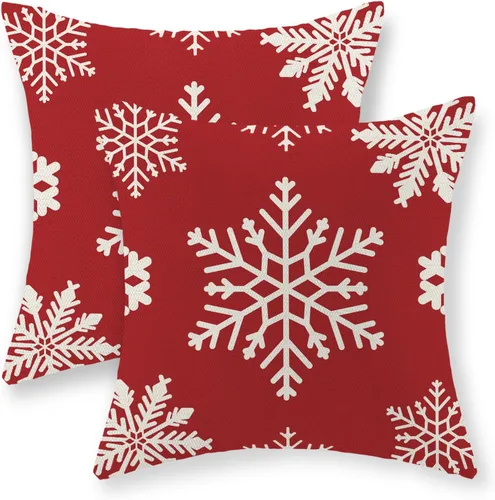 Vista 18 de Juego de 2 fundas de almohada navideñas de 16 x 16 pulgadas, fundas de almohada de lino color rojo con diseño de alces y ciervos de invierno