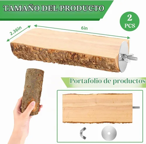 Vista 2 de Plataforma de perca de pájaro de madera de manzana natural de 2 Se adapta a loros pequeños (conejos, conures) Parte superior plana y parte