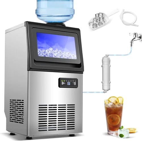 Vista 10 de Amzgachfktch Máquina de hielo comercial de 100 libras/24 horas, máquina de hielo autolimpiante, pantalla LED, luz azul, debajo