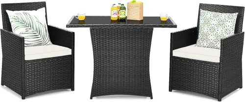 Vista 11 de Tangkula Juego de comedor de mimbre de 3 piezas, 2 sillas de ratán con mesa de comedor rectangular de vidrio templado, juego de conversación al aire