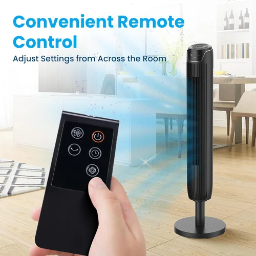 Vista 4 de Senville Ventilador de torre oscilante de 42 pulgadas para dormitorio, control remoto, sin aspas, silencioso, 3 modos, temporizador de 7 horas