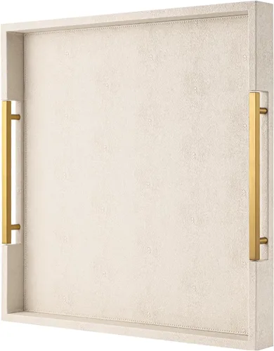 Vista 9 de Bandeja de servicio de piel sintética beige con asas, bandeja decorativa grande para mesa de café, otomana, sala de estar, baño, decoración del hogar