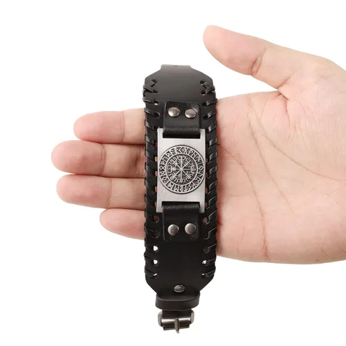 Vista 3 de HAQUIL Pulsera vikinga wicca egipcia negra marrón ancha de cuero pulsera antigua medieval joyería regalo para hombres