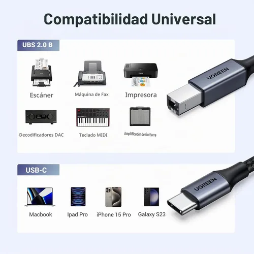 Vista 4 de UGREEN Cable USB-B a USB-C de 3 pies, nailon trenzado para impresora y MIDI Negro