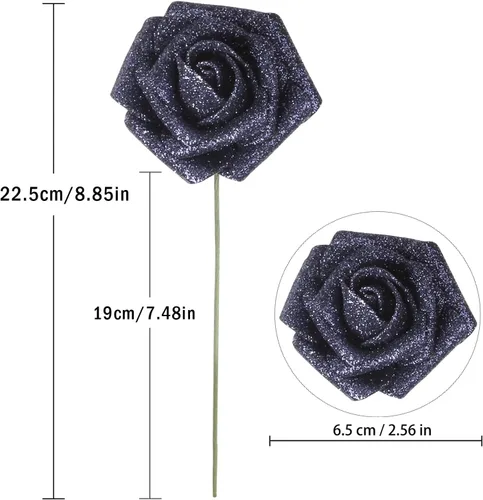 Vista 4 de IPOPU Rosas Negras con Purpurina, 50 PIEZAS Rosas Falsas con Purpurina Flores para Manualidades DIY Ramo de Boda Decoración de Casa y Fiesta (Negro)