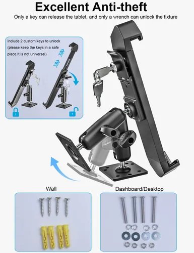 Vista 6 de Base de taladro antirrobo resistente para tableta, soporte para tablero de automóvil para camiones/vehículo con cerradura de seguridad y llave