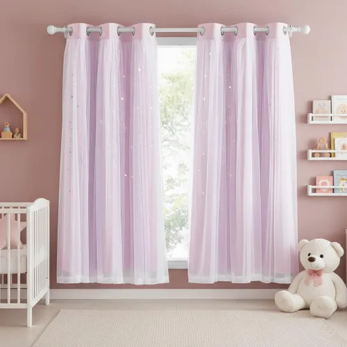 Vista 27 de NICETOWN Cortinas para Dormitorio de Niñas Infantiles con Estrellas Caladas Ventana 2 Capas Cortina 63 Pulgadas de Longitud Oscurecimiento