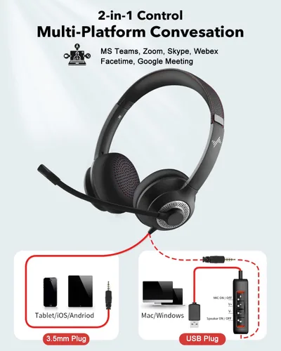 Vista 5 de EAGLEND Auriculares USB con micrófono para PC, auriculares para computadora portátil con cancelación de ruido, control en línea para oficina