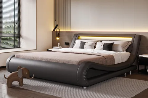 Vista 11 de SHA CERLIN - Marco de cama de tamaño matrimonial con cabecera LED tapizada moderna, color negro Low Profile Sleigh Design, Adjustable Headboard