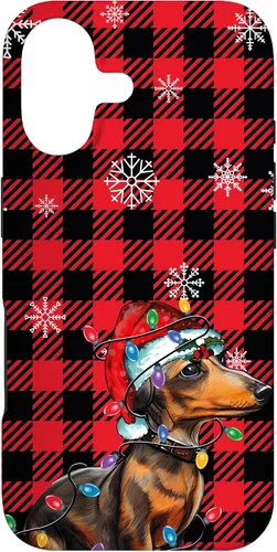 Vista 32 de iPhone 16 Dachshund Christmas Phone Case Red Plaid Pattern Christmas Lights Case