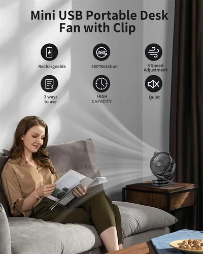 Vista 2 de GOTOTO Ventilador de clip, ventilador pequeño personal portátil recargable con batería de 2000 mAh, potente diseño de clip, 3 velocidades de viento