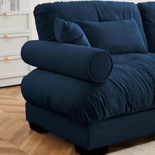 Vista 4 de Sofá de dos plazas de terciopelo azul moderno de gran tamaño con reposabrazos reforzados y almohadas decorativas para sala de estar, loft, oficina