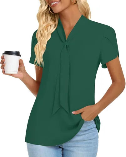 Vista 2 de Anymiss Blusas de trabajo de gasa para mujer, estilo casual, de verano, de manga corta, para primavera