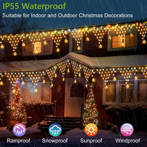 Vista 3 de Decoración de luces de Navidad al aire libre de 13.8 pies, 200 luces LED con 12 estrellas, 8 modos de luces de hadas regulables para decoración