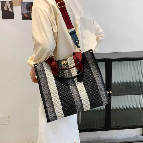 Vista 3 de Bolso de lona para mujer, bolso cruzado estilo hobo, bolso casual de lona, bolso de hombro con asa superior, color a rayas