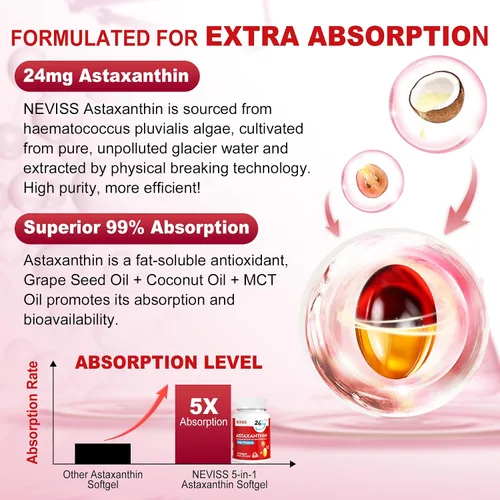 Vista 3 de Suplementos de astaxantina de 24 mg, suministro para 5 meses – Aceite de coco MCT, fuente de microalgas frescas con aceite de semilla de uva