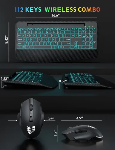 Vista 8 de Teclado y Mouse Inalámbricos con Retroiluminación, Reposamuñecas, Mouse LED, Teclado Ergonómico Recargable con Soporte para Teléfono, Combo