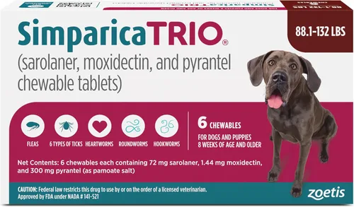 Vista 11 de Simparica Trio (sarolaner, moxidectina y tabletas masticables de pirantel) masticables para perros, 6 mg/tab, 5.6-11 libras, (púrpura), 1 tableta