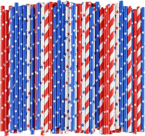 Vista 2 de ALINK Pajitas de papel con bandera estadounidense, rojo, azul y blanco, 100 pajitas biodegradables a rayas/estrellas para el Día de los Caídos, 4